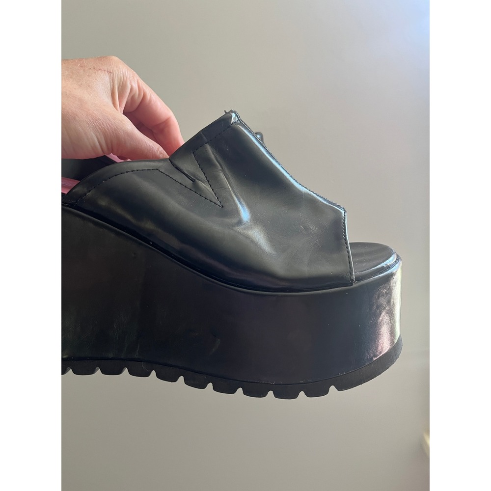 Black Cyber Goth Platform Wedge Sandals sz 9 / L Punk Peep Toe Mules Cult Gothic - Picture 4 of 9